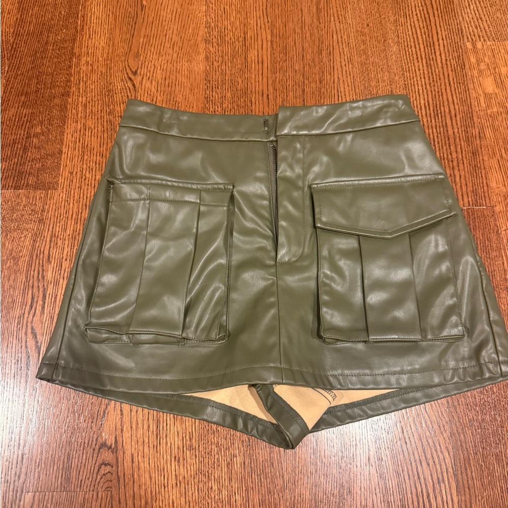 Olive Green Faux Leather Women Shorts